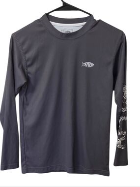 AFTCO Boys Medium Long Sleeve Fishing Shirt Gray 100% Polyester Fish Graphic